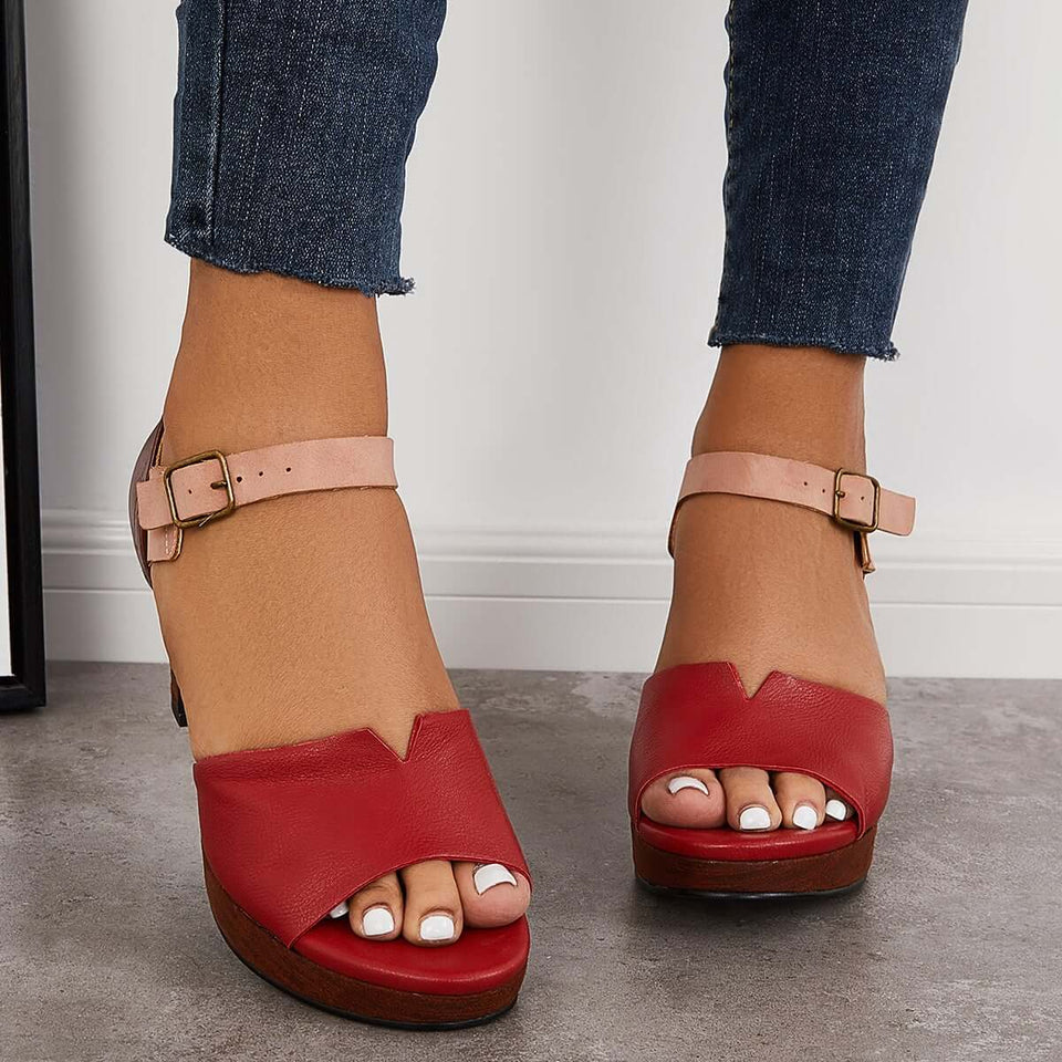 Chunky Block Heel Sandals Open Toe Ankle Strap Heels