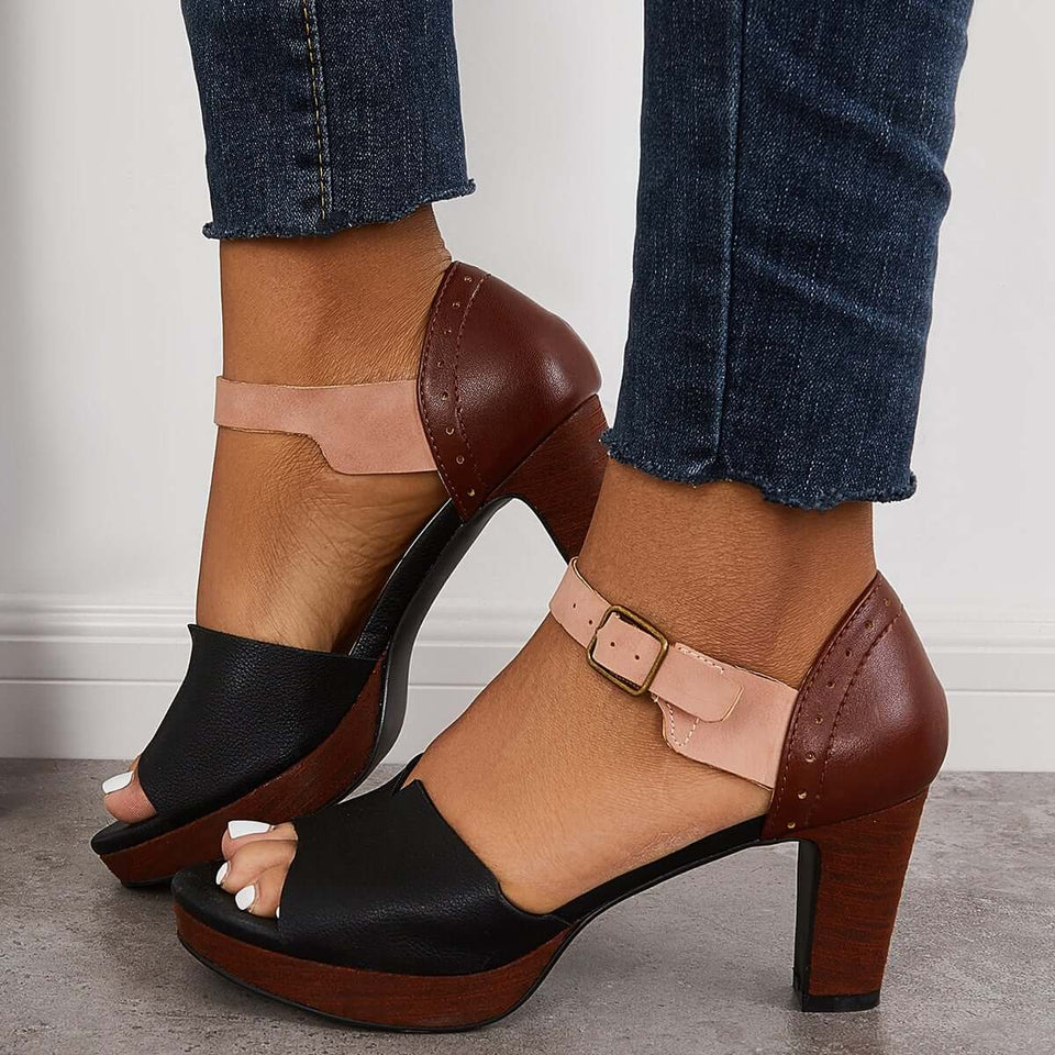 Chunky Block Heel Sandals Open Toe Ankle Strap Heels