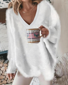 Lian - White Plain V-Neck Sweater